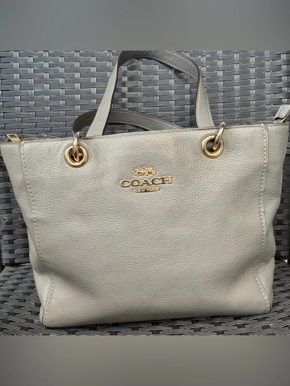 COACH Pebbled Leather Tote in Light Gray with Gold Hardware